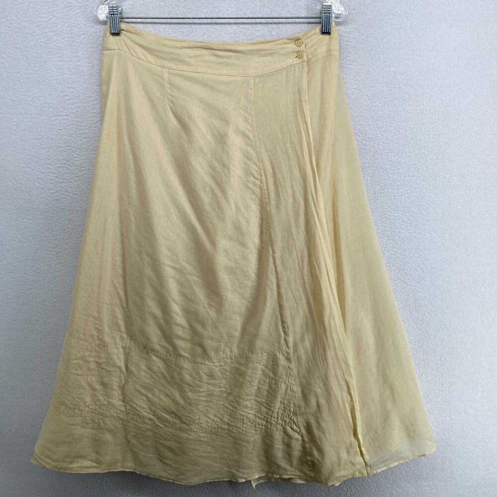 EILEEN FISHER Skirt S Cotton Wrap A-Line Woven Midi Double Button Waist Yellow